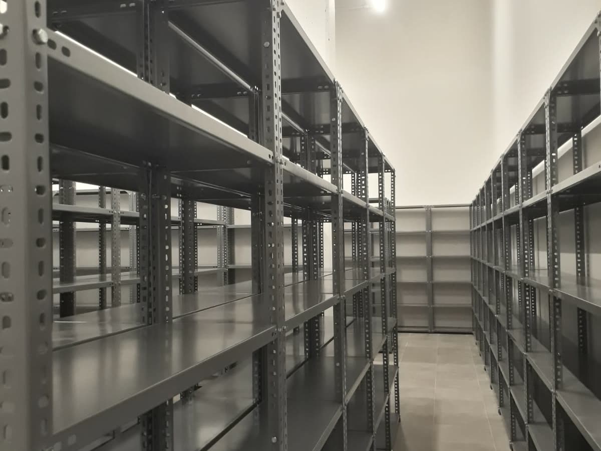 Steel shelving aisle