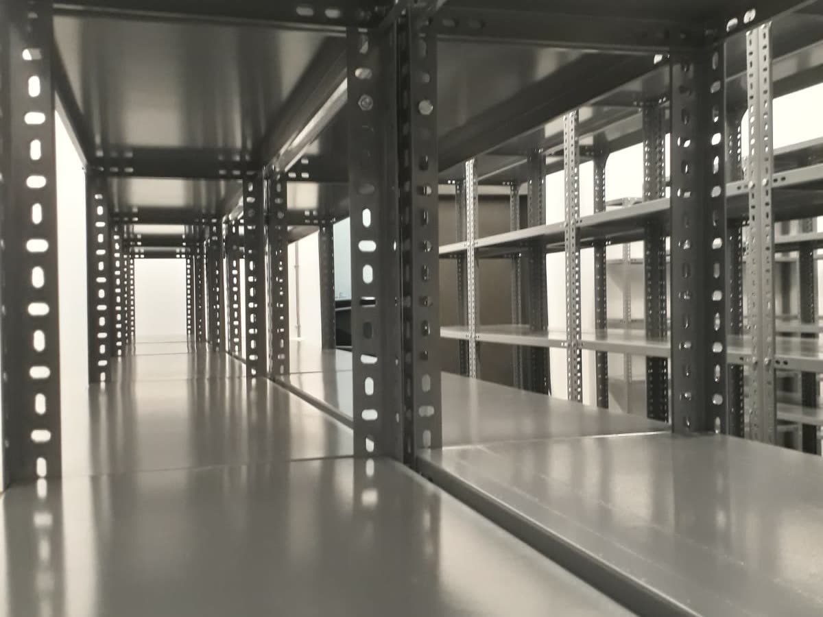 Steel shelving aisle