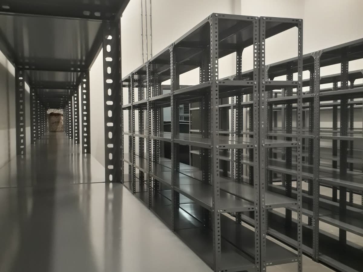 Long steel shelving run